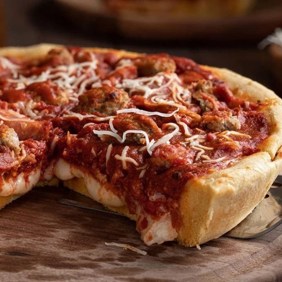 Deep dish pizza with meatballs, rich tomato sauce, and melted cheese on a wooden board.