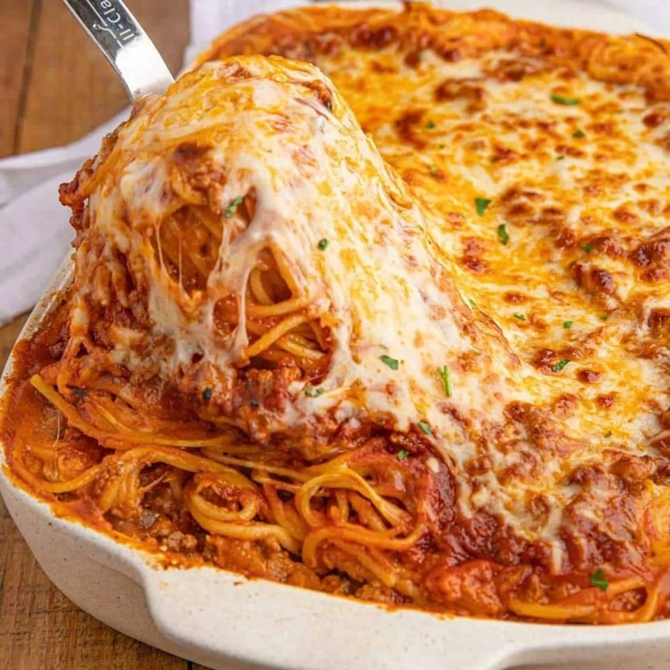 A serving spoon lifts a cheesy portion of baked spaghetti with marinara sauce from a white casserole dish.